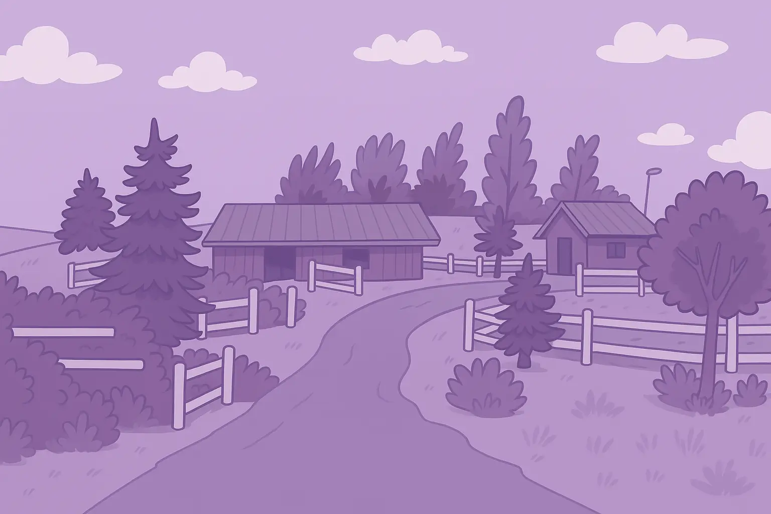 cartoon illustration of fur angels dog rescure facility in petaluma with barns, fencing, trees
